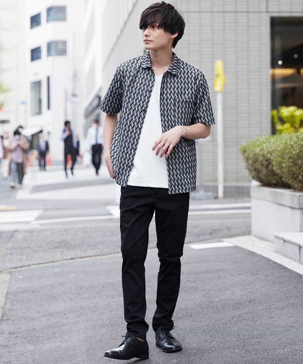MKBGR02075 MK MICHEL KLEIN HOMME(MKミッシェルクランオム) ヘリンボーン半袖シャツ ブラック
