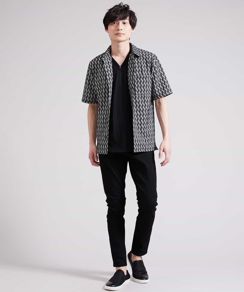 MKBGR02075 MK MICHEL KLEIN HOMME(MKミッシェルクランオム) ヘリンボーン半袖シャツ ブラック