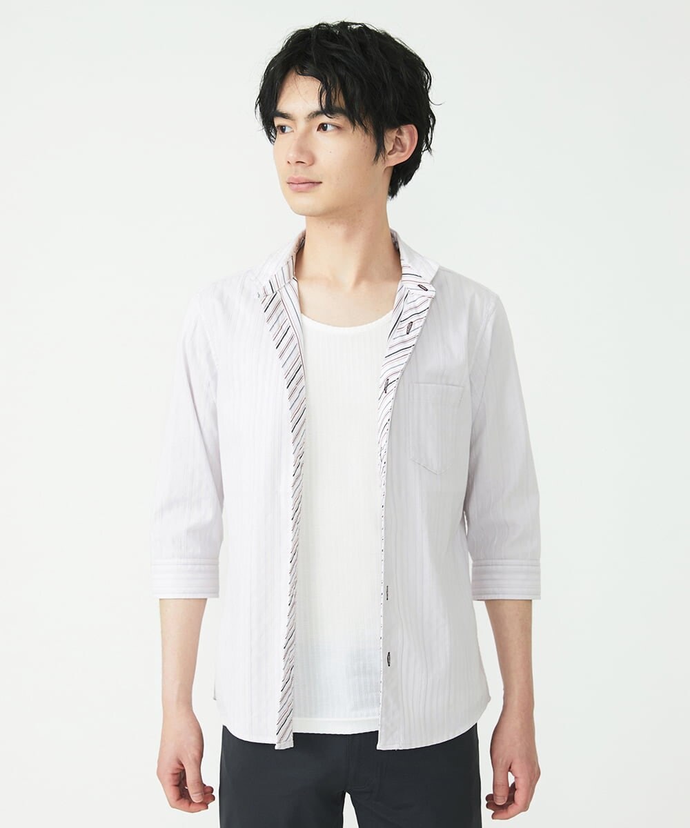 MKBGS71100 MK MICHEL KLEIN HOMME(MKミッシェルクランオム) 【WEB限定】リバーストライプ7分袖シャツ ラベンダー(60)