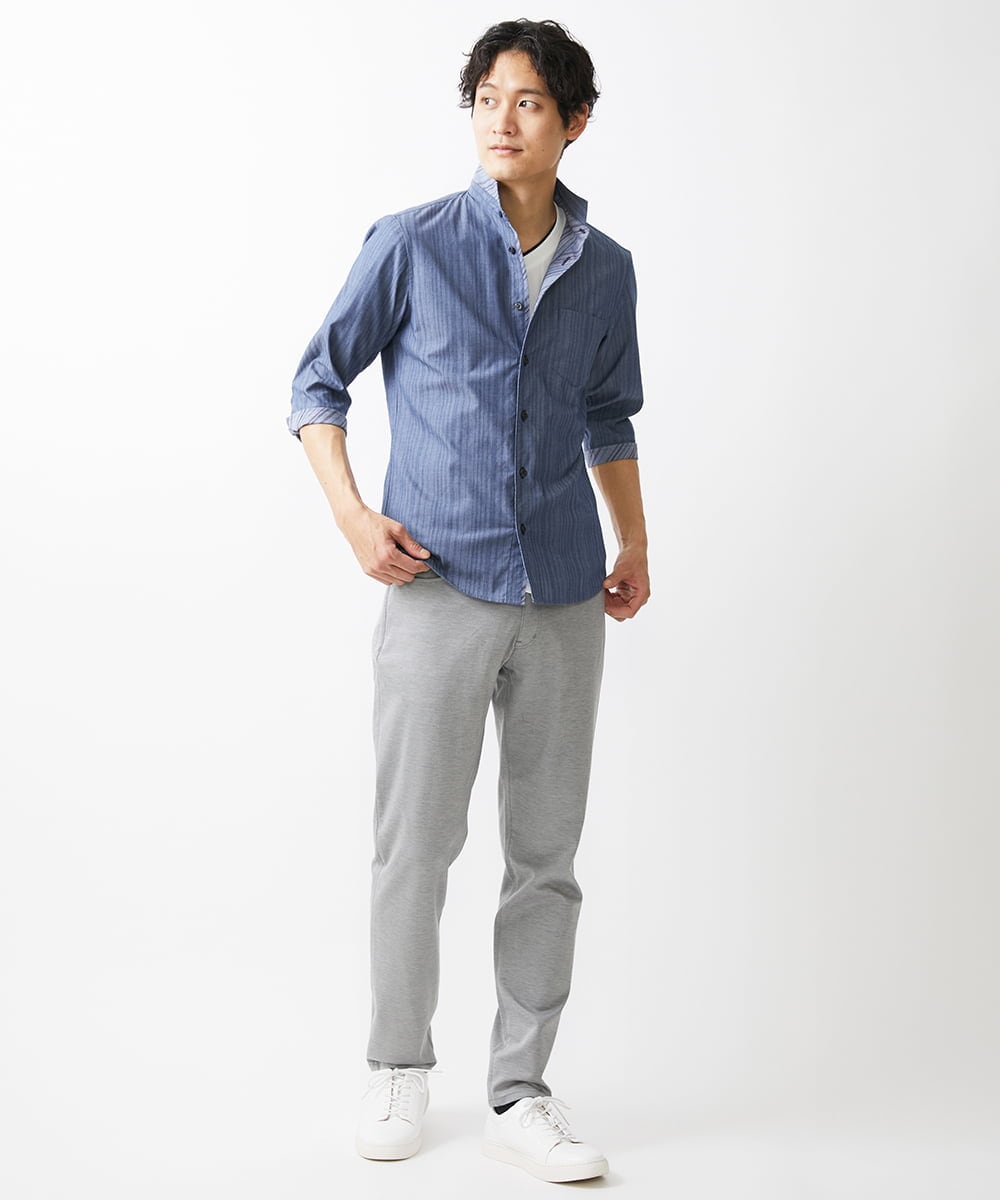MKBGV54120 MK MICHEL KLEIN HOMME(MKミッシェルクランオム) 【ON/OFF対応】七分袖リバーストライプシャツ ライトブルー