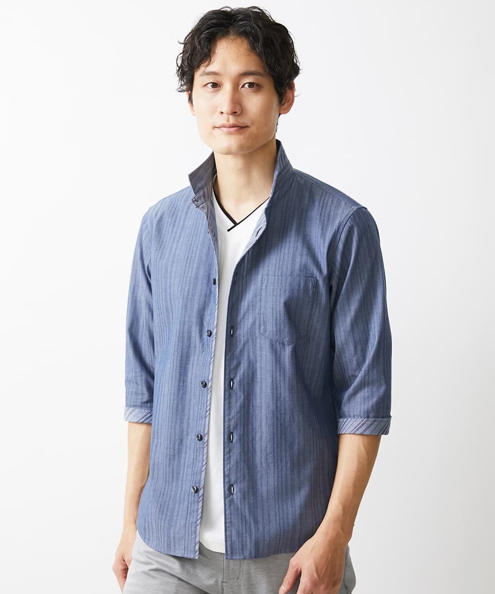 MKBGV54120 MK MICHEL KLEIN HOMME(MKミッシェルクランオム) 【ON/OFF対応】七分袖リバーストライプシャツ ライトブルー