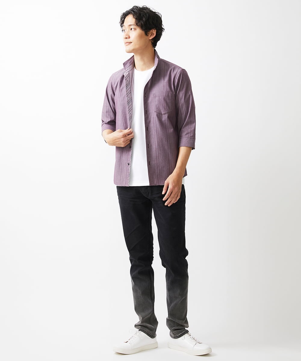 MKBGV54120 MK MICHEL KLEIN HOMME(MKミッシェルクランオム) 【ON/OFF対応】七分袖リバーストライプシャツ パープル