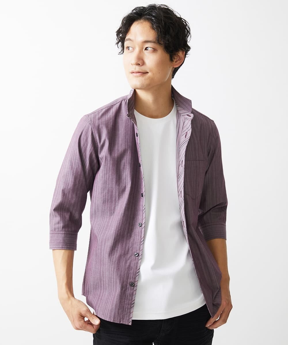 MKBGV54120 MK MICHEL KLEIN HOMME(MKミッシェルクランオム) 【ON/OFF対応】七分袖リバーストライプシャツ パープル