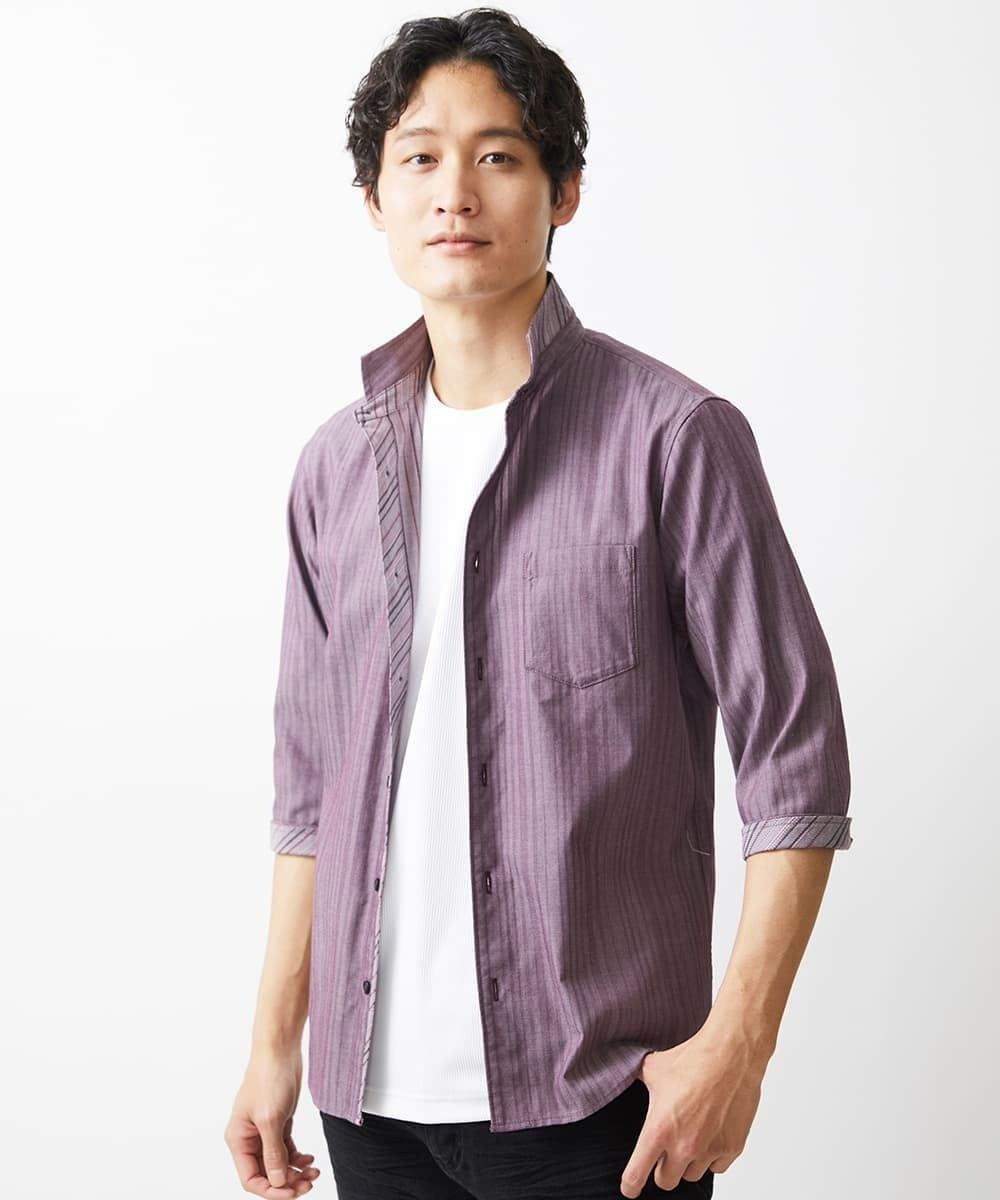 MKBGV54120 MK MICHEL KLEIN HOMME(MKミッシェルクランオム) 【ON/OFF対応】七分袖リバーストライプシャツ パープル