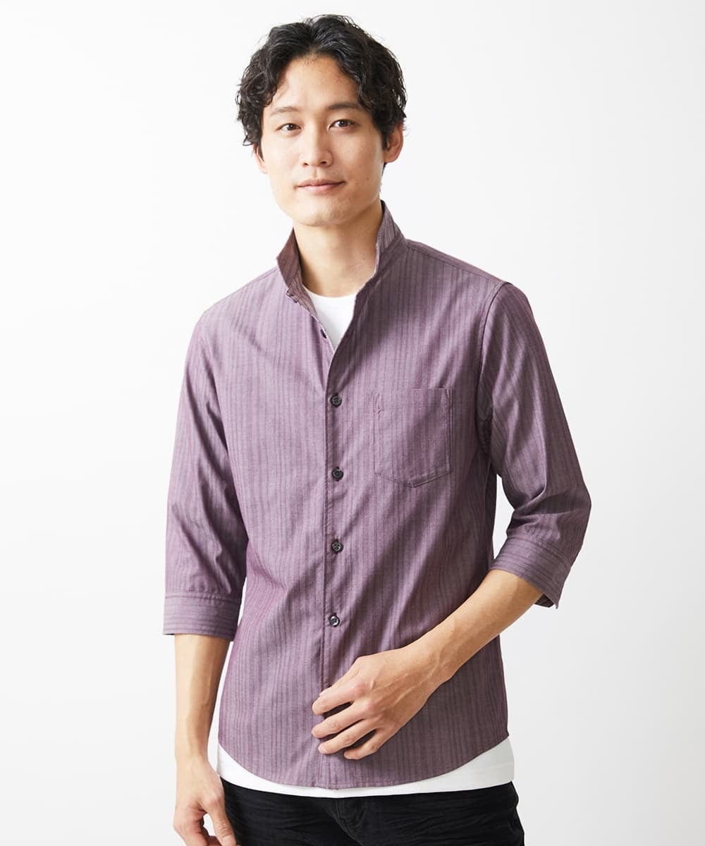 MKBGV54120 MK MICHEL KLEIN HOMME(MKミッシェルクランオム) 【ON/OFF対応】七分袖リバーストライプシャツ パープル