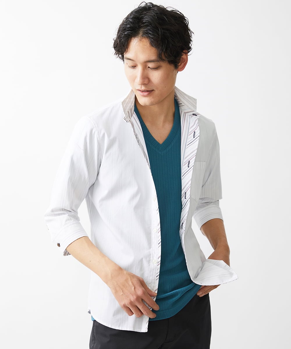 MKBGV54120 MK MICHEL KLEIN HOMME(MKミッシェルクランオム) 【ON/OFF対応】七分袖リバーストライプシャツ ホワイト