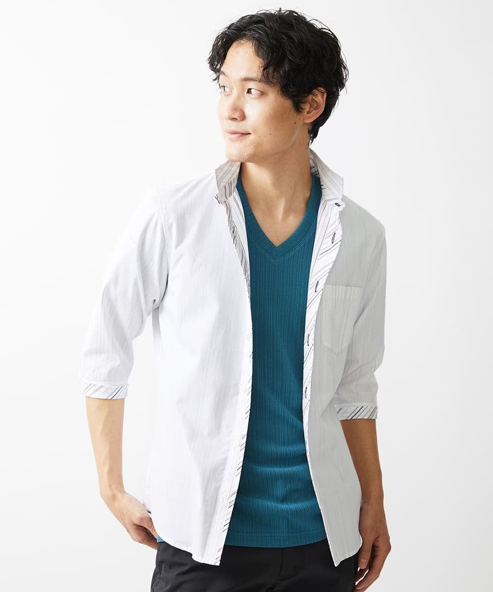 MKBGV54120 MK MICHEL KLEIN HOMME(MKミッシェルクランオム) 【ON/OFF対応】七分袖リバーストライプシャツ ホワイト