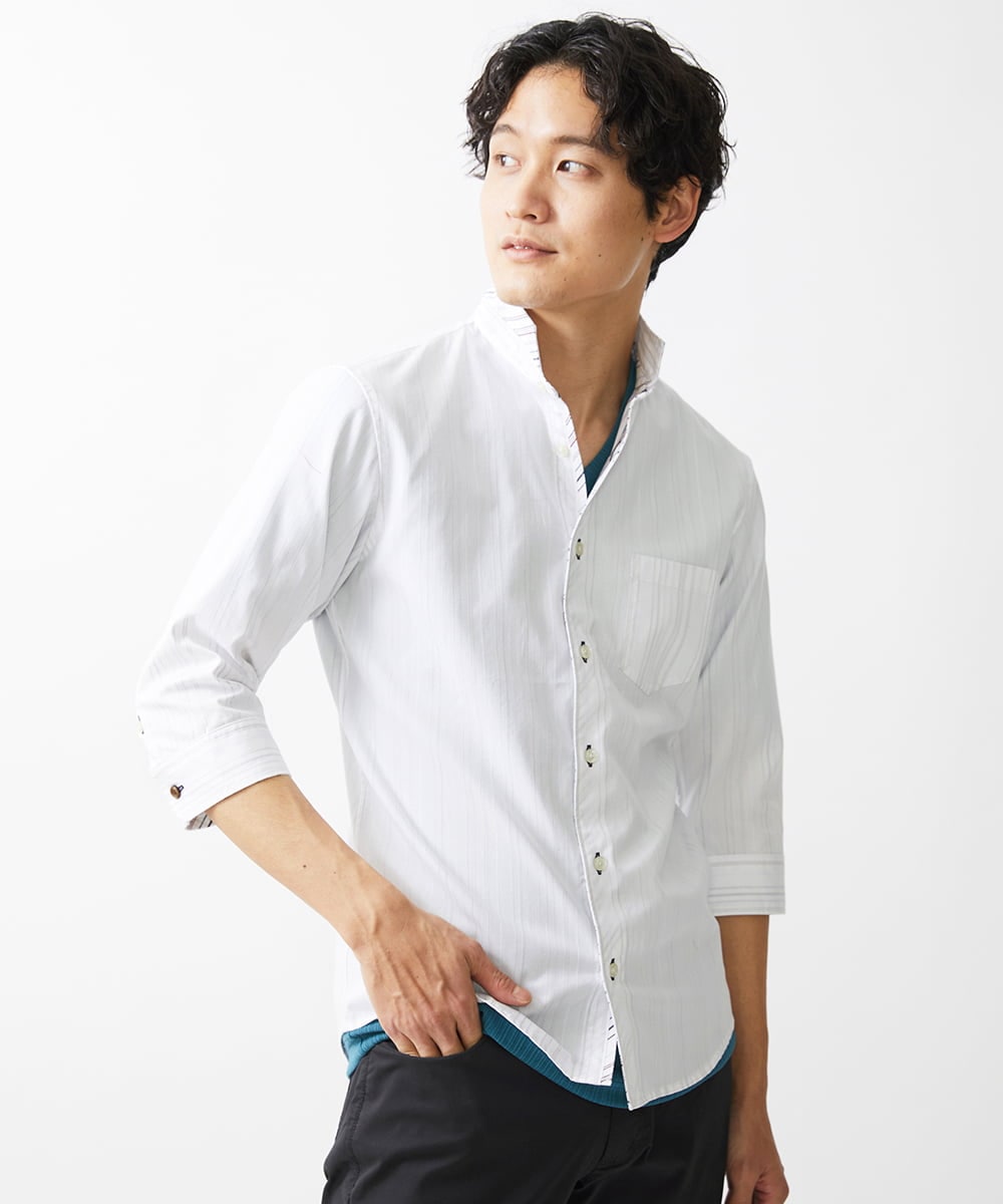 MKBGV54120 MK MICHEL KLEIN HOMME(MKミッシェルクランオム) 【ON/OFF対応】七分袖リバーストライプシャツ ホワイト