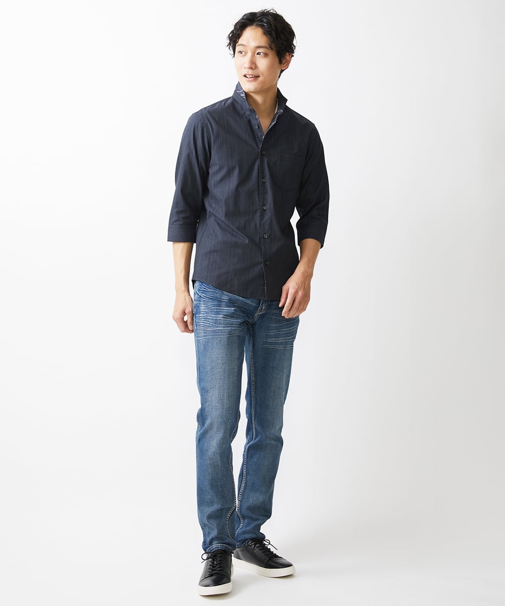 MKBGV54120 MK MICHEL KLEIN HOMME(MKミッシェルクランオム) 【ON/OFF対応】七分袖リバーストライプシャツ ダークグレー