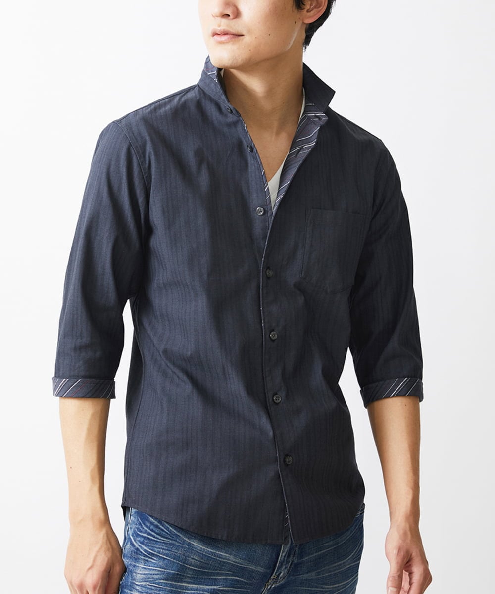 MKBGV54120 MK MICHEL KLEIN HOMME(MKミッシェルクランオム) 【ON/OFF対応】七分袖リバーストライプシャツ ダークグレー