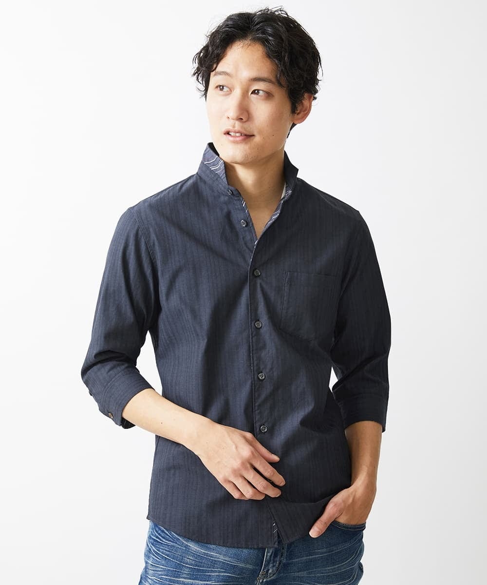 MKBGV54120 MK MICHEL KLEIN HOMME(MKミッシェルクランオム) 【ON/OFF対応】七分袖リバーストライプシャツ ダークグレー