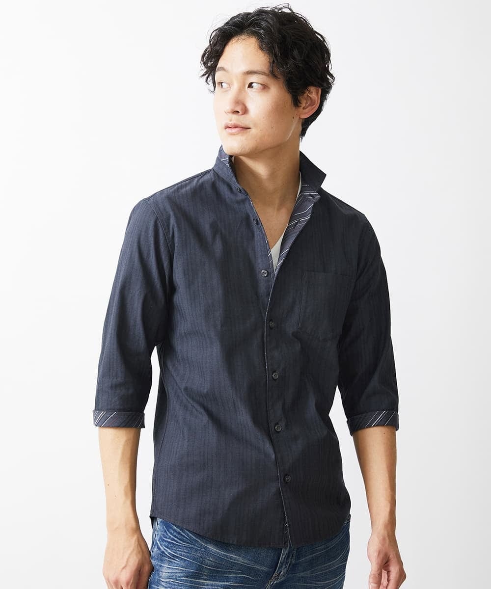 MKBGV54120 MK MICHEL KLEIN HOMME(MKミッシェルクランオム) 【ON/OFF対応】七分袖リバーストライプシャツ ダークグレー
