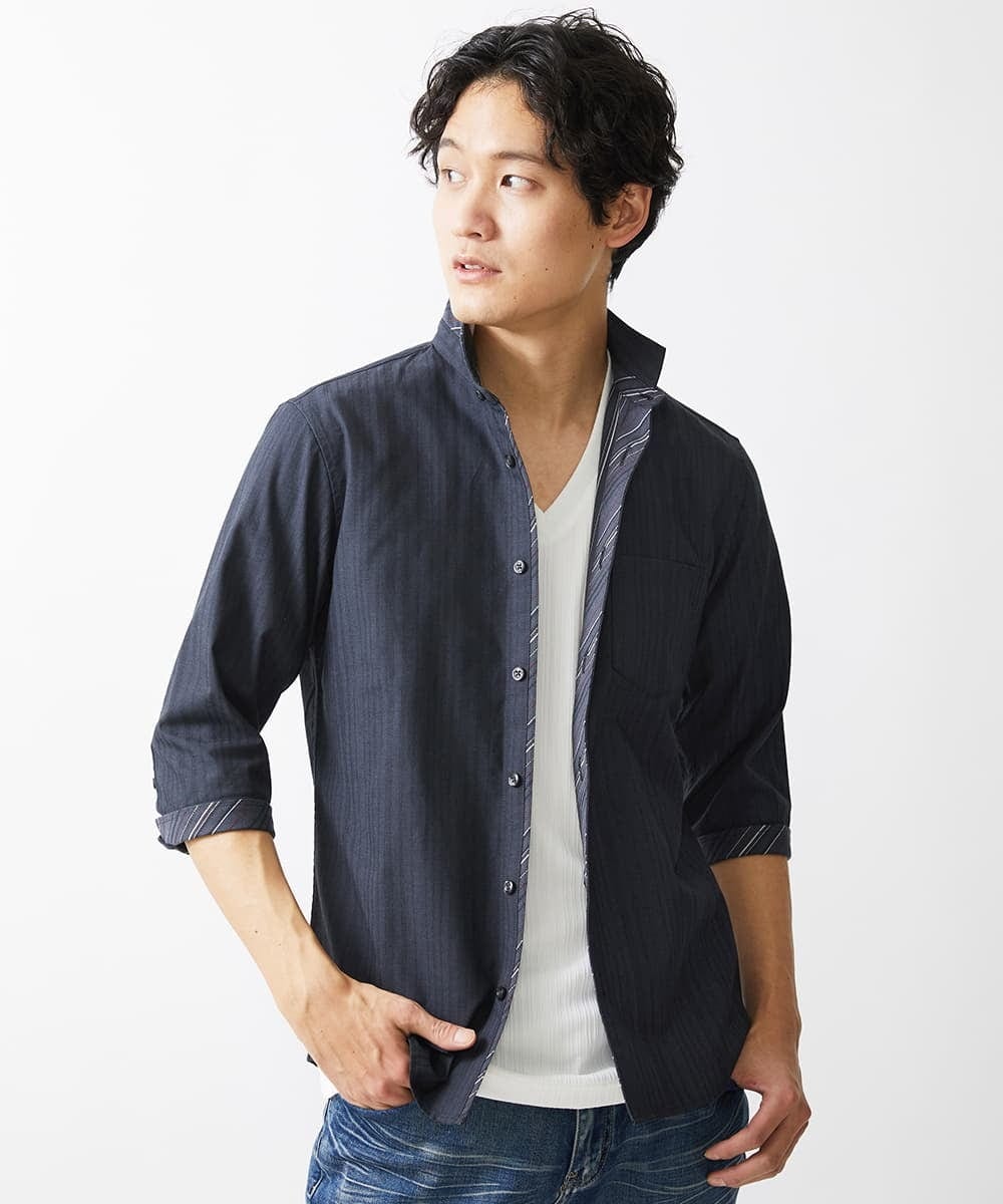 MKBGV54120 MK MICHEL KLEIN HOMME(MKミッシェルクランオム) 【ON/OFF対応】七分袖リバーストライプシャツ ダークグレー