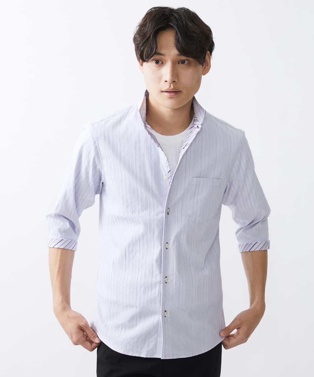 MKBGV71100 MK MICHEL KLEIN HOMME(MKミッシェルクランオム) 【WEB限定】七分丈リバーストライプシャツ ラベンダー