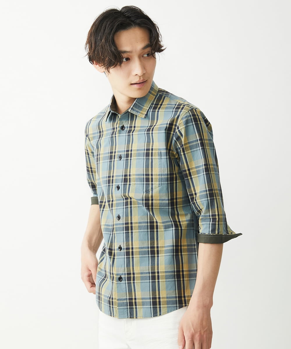 MKBGX11090 MK MICHEL KLEIN HOMME(MKミッシェルクランオム) 【大きいサイズあり】七分袖シャツ/タイプライターチェック ライトイエロー