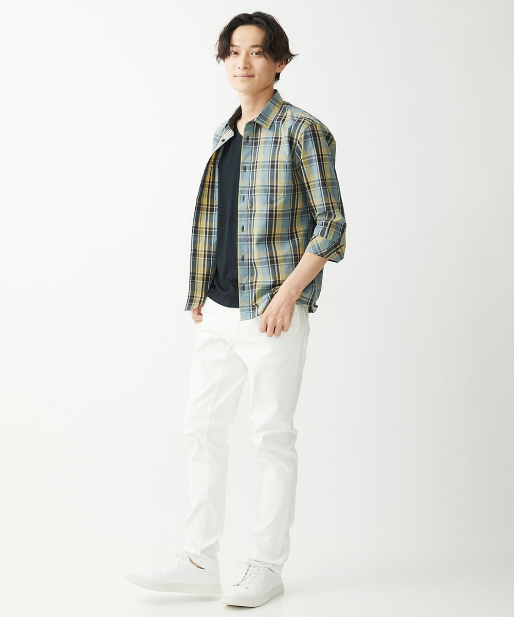MKBGX11090 MK MICHEL KLEIN HOMME(MKミッシェルクランオム) 【大きいサイズあり】七分袖シャツ/タイプライターチェック ライトイエロー