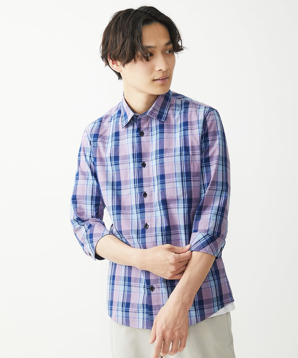 MKBGX11090 MK MICHEL KLEIN HOMME(MKミッシェルクランオム) 【大きいサイズあり】七分袖シャツ/タイプライターチェック パープル