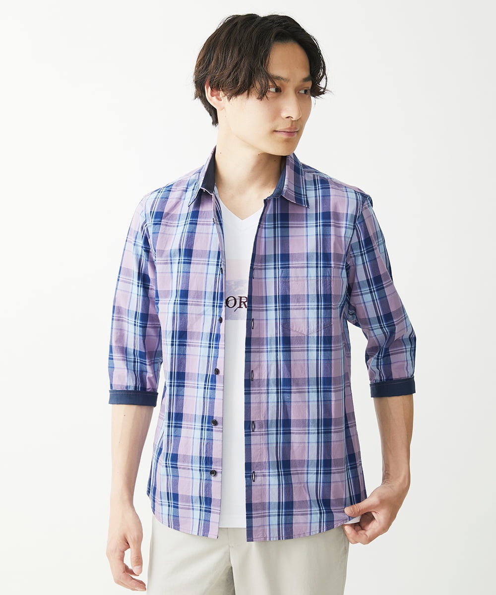 MKBGX11090 MK MICHEL KLEIN HOMME(MKミッシェルクランオム) 【大きいサイズあり】七分袖シャツ/タイプライターチェック パープル