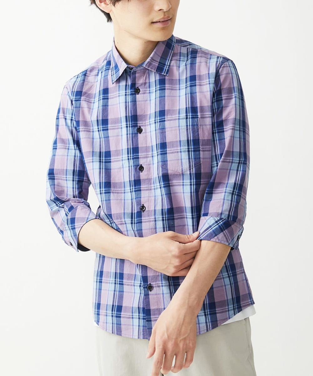 MKBGX11090 MK MICHEL KLEIN HOMME(MKミッシェルクランオム) 【大きいサイズあり】七分袖シャツ/タイプライターチェック パープル