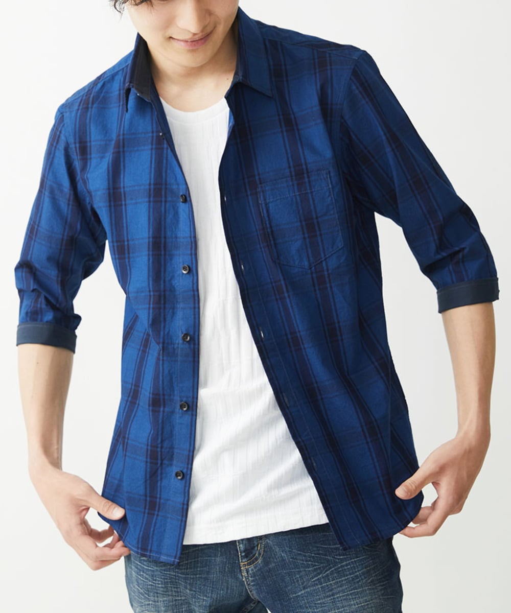 MKBGX12090 MK MICHEL KLEIN HOMME(MKミッシェルクランオム) 【大きいサイズあり】七分袖シャツ/インディゴタイプライターチェック ブルー