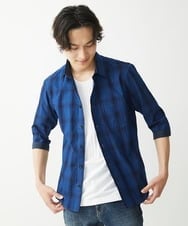 MKBGX12090 MK MICHEL KLEIN HOMME(MKミッシェルクランオム) 【大きいサイズあり】七分袖シャツ/インディゴタイプライターチェック ブルー