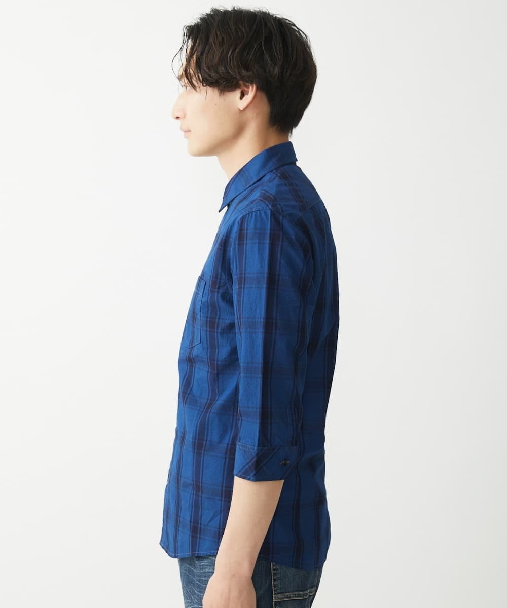 MKBGX12090 MK MICHEL KLEIN HOMME(MKミッシェルクランオム) 【大きいサイズあり】七分袖シャツ/インディゴタイプライターチェック ブルー