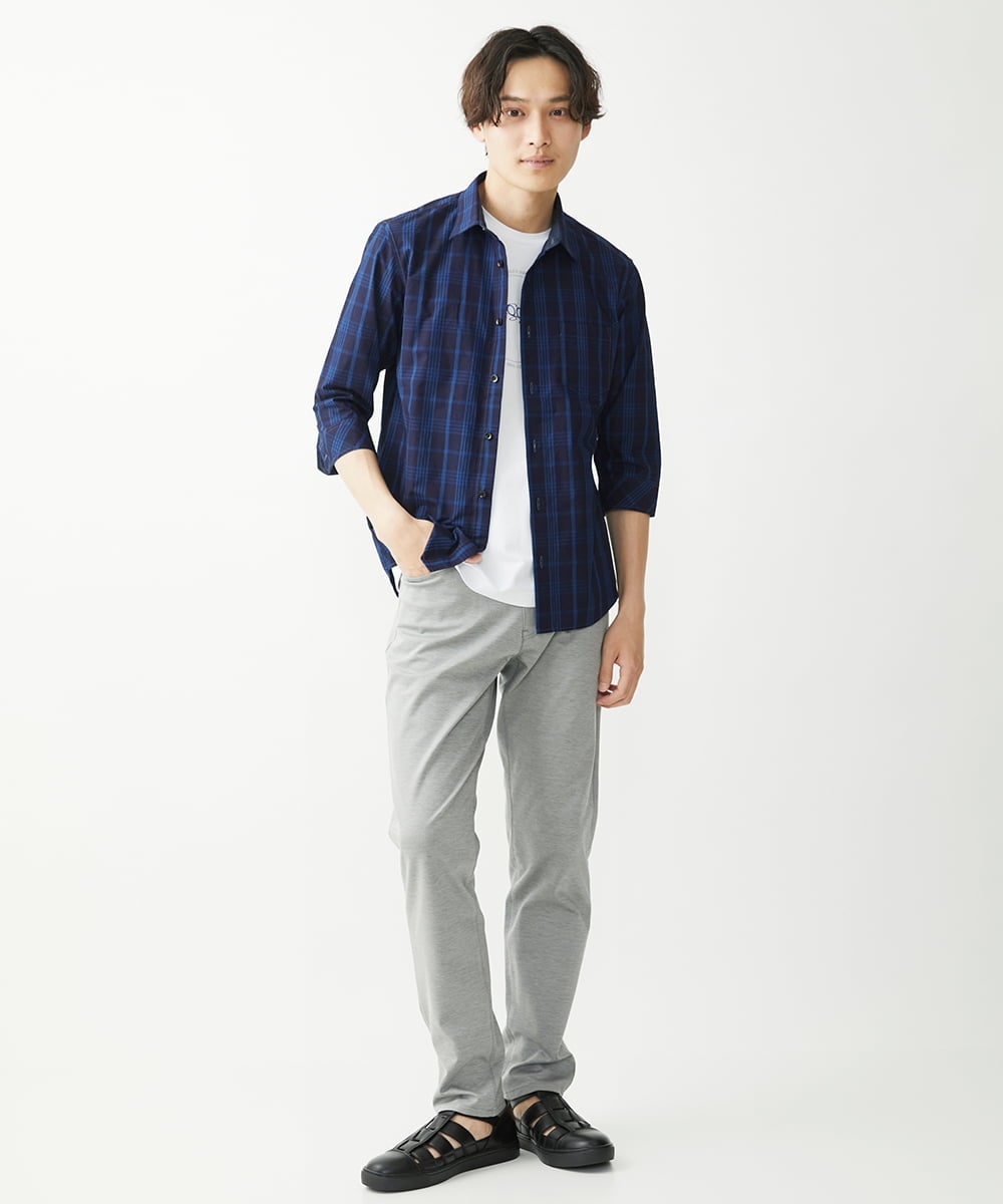 MKBGX12090 MK MICHEL KLEIN HOMME(MKミッシェルクランオム) 【大きいサイズあり】七分袖シャツ/インディゴタイプライターチェック ネイビー