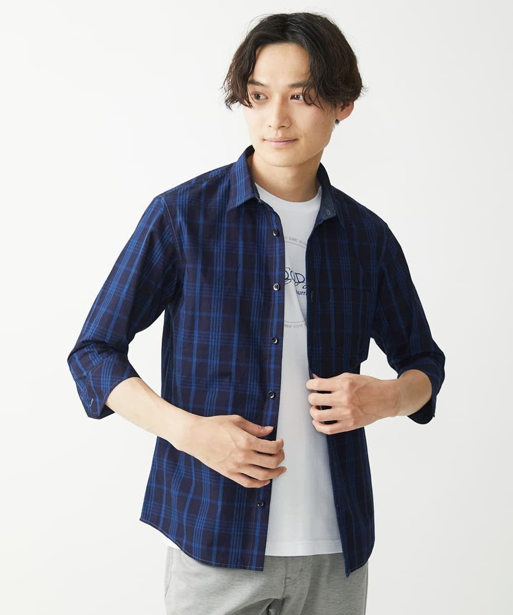 MKBGX12090 MK MICHEL KLEIN HOMME(MKミッシェルクランオム) 【大きいサイズあり】七分袖シャツ/インディゴタイプライターチェック ネイビー