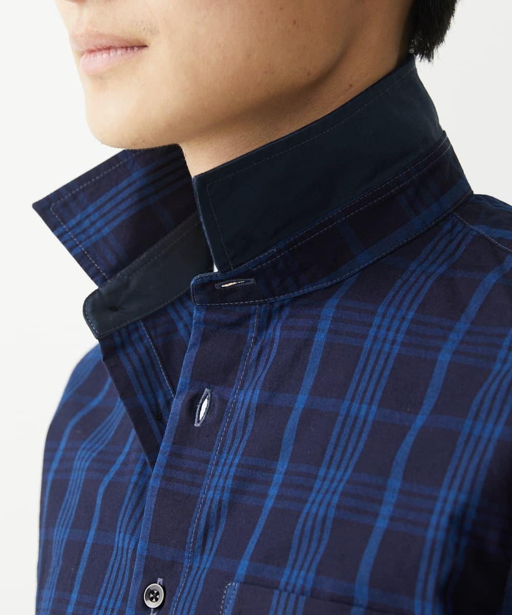 MKBGX12090 MK MICHEL KLEIN HOMME(MKミッシェルクランオム) 【大きいサイズあり】七分袖シャツ/インディゴタイプライターチェック ネイビー