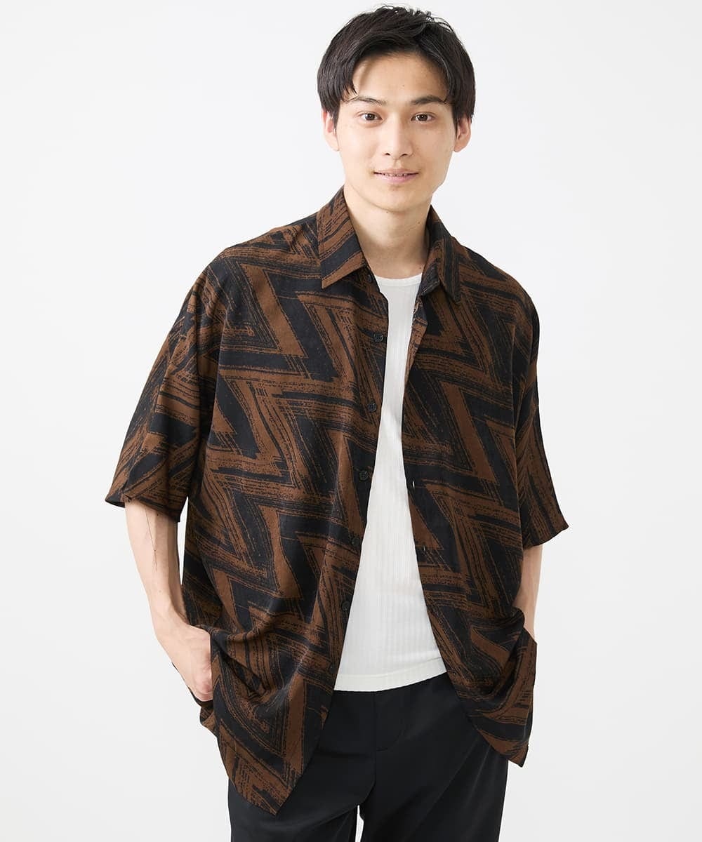 MKBGX88095 MK MICHEL KLEIN HOMME(MKミッシェルクランオム) ドルマンスリーブシャツ/幾何柄 ブラウン