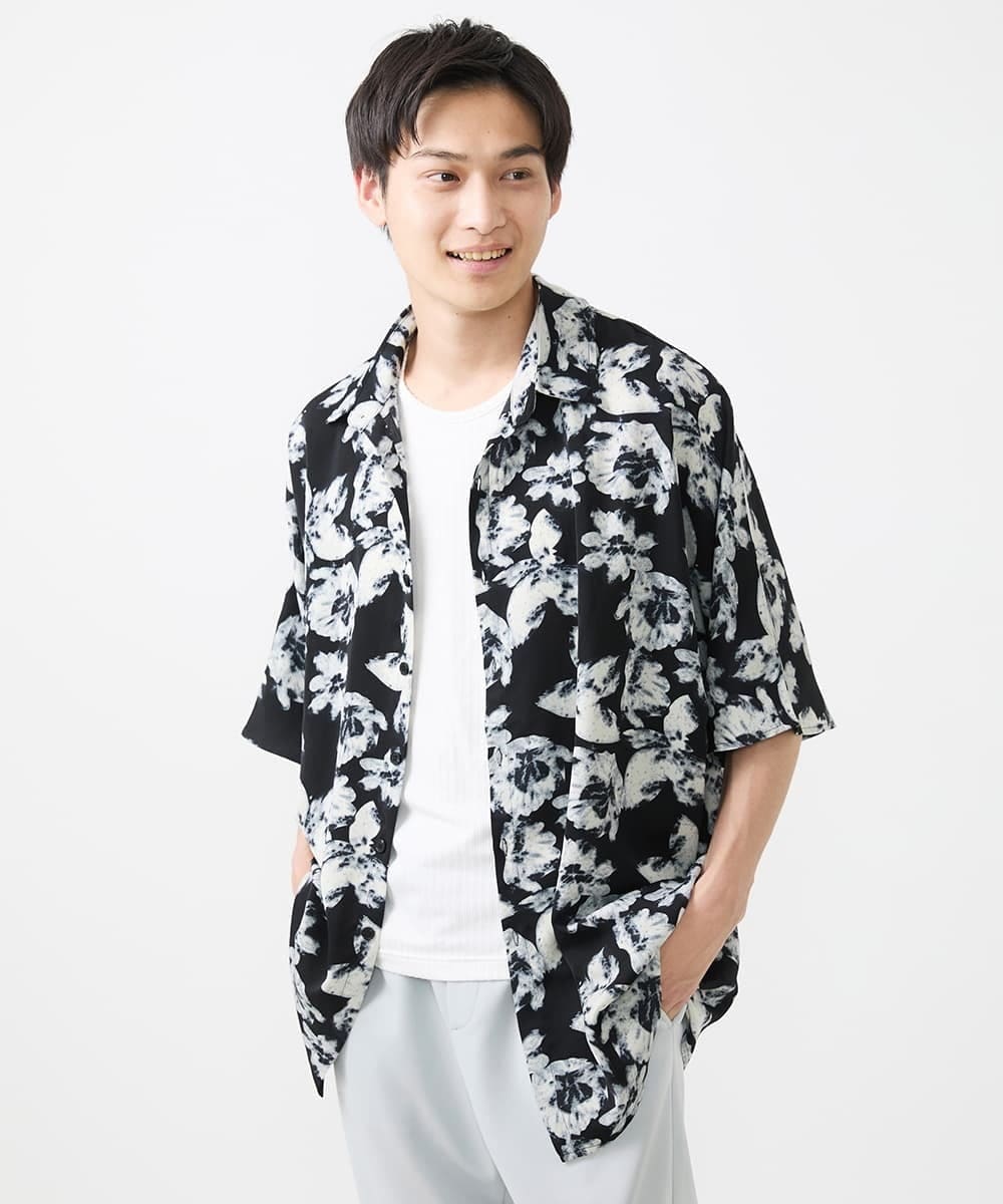 MKBGX89095 MK MICHEL KLEIN HOMME(MKミッシェルクランオム) ドルマンスリーブシャツ/花柄 ブラック