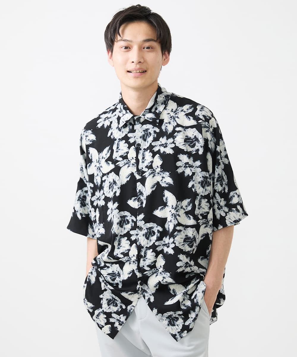 MKBGX89095 MK MICHEL KLEIN HOMME(MKミッシェルクランオム) ドルマンスリーブシャツ/花柄 ブラック