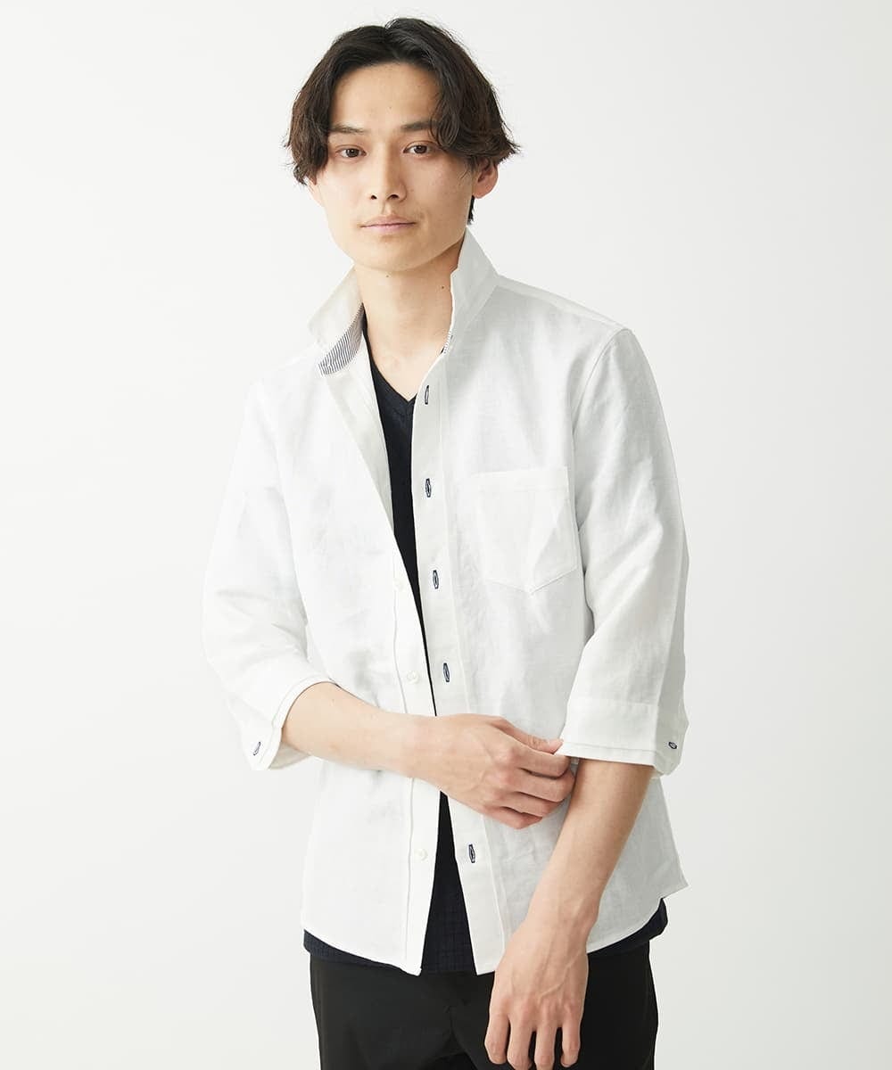 MKBGX90090 MK MICHEL KLEIN HOMME(MKミッシェルクランオム) 【大きいサイズあり】七分袖シャツ/リネンレーヨン ホワイト