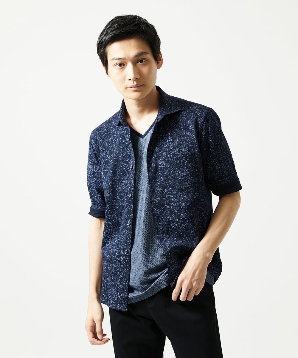 MKBHA58130 MK MICHEL KLEIN HOMME(MKミッシェルクランオム) カノコペンキプリント七分袖シャツ ネイビー