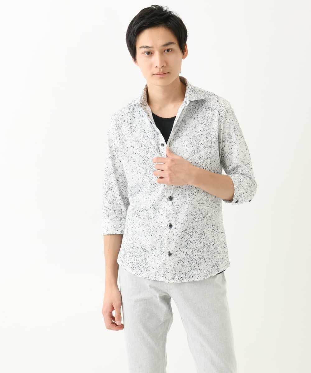 MKBHA58130 MK MICHEL KLEIN HOMME(MKミッシェルクランオム) カノコペンキプリント七分袖シャツ ホワイト