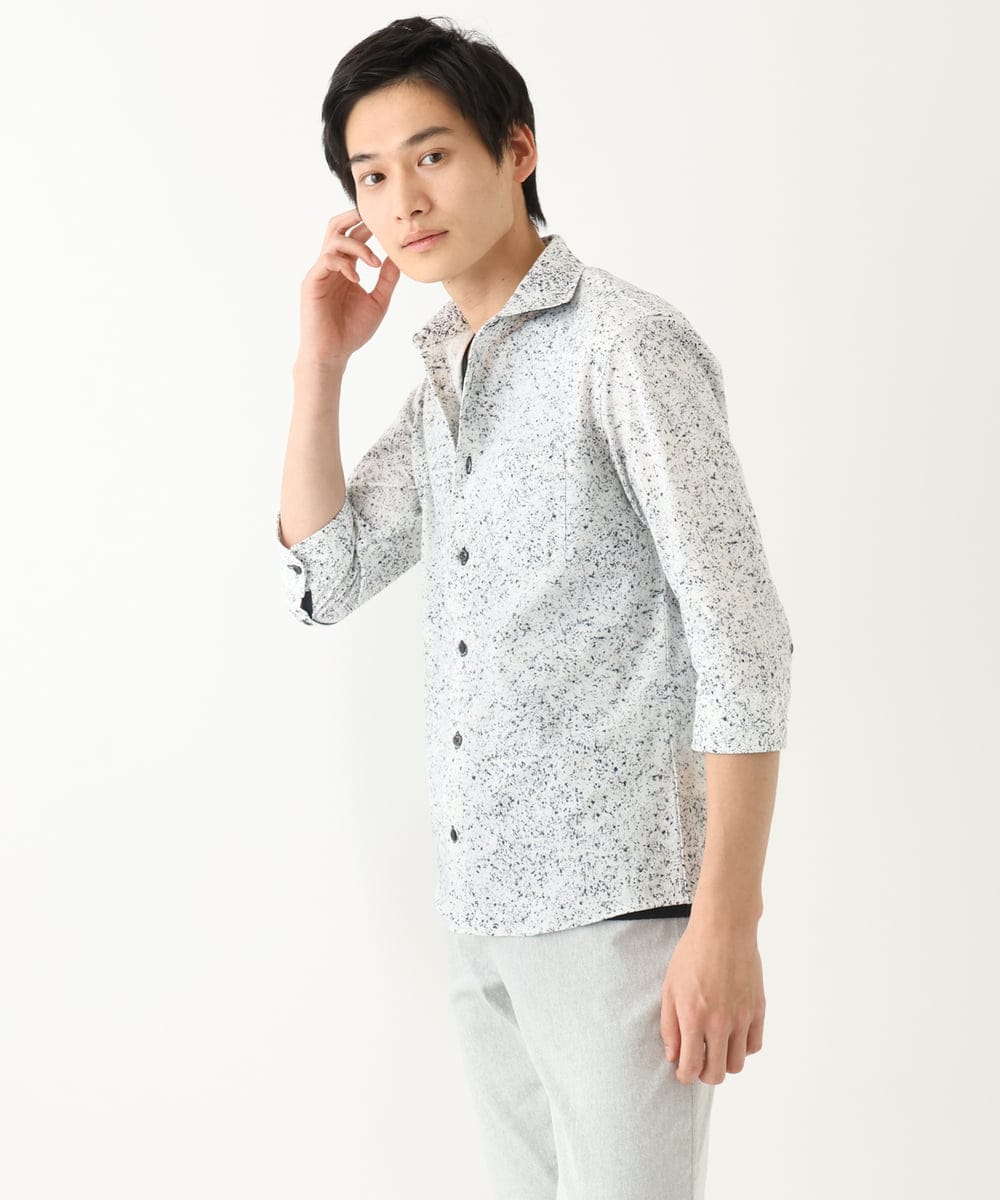 MKBHA58130 MK MICHEL KLEIN HOMME(MKミッシェルクランオム) カノコペンキプリント七分袖シャツ ホワイト