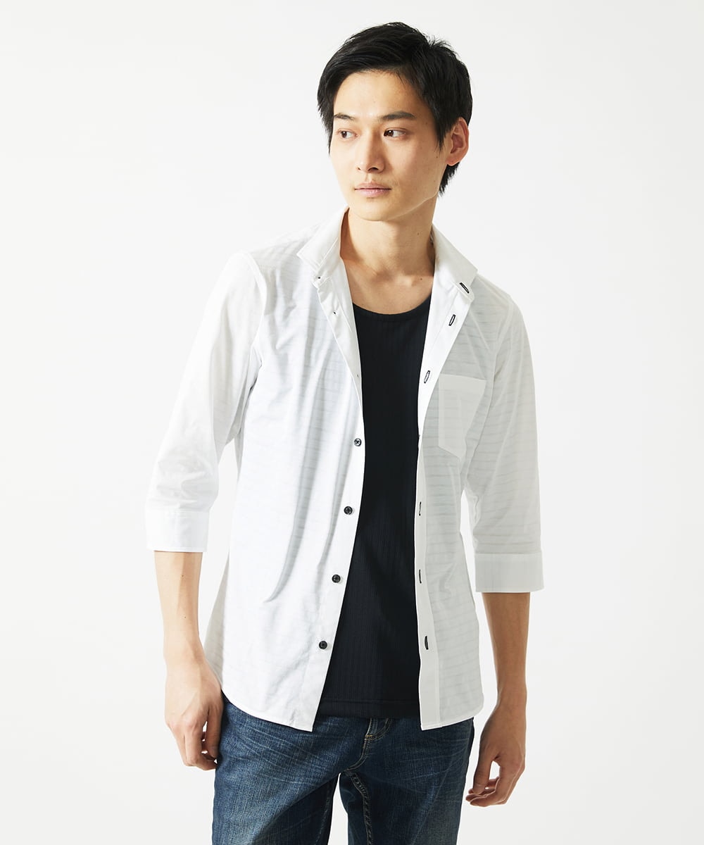 MKBHA62110 MK MICHEL KLEIN HOMME(MKミッシェルクランオム) シアーボーダー七分袖シャツ ホワイト