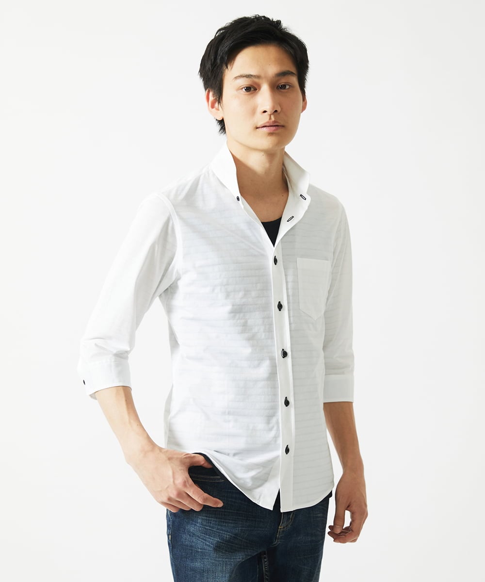 MKBHA62110 MK MICHEL KLEIN HOMME(MKミッシェルクランオム) シアーボーダー七分袖シャツ ホワイト