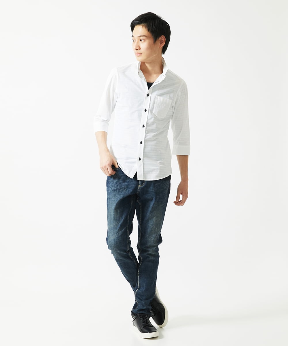 MKBHA62110 MK MICHEL KLEIN HOMME(MKミッシェルクランオム) シアーボーダー七分袖シャツ ホワイト