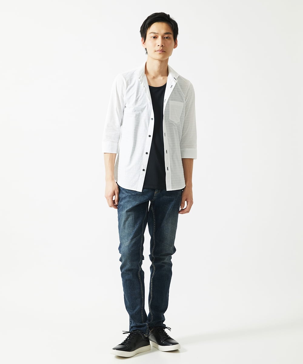 MKBHA62110 MK MICHEL KLEIN HOMME(MKミッシェルクランオム) シアーボーダー七分袖シャツ ホワイト