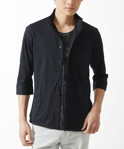 MKBHA62110 MK MICHEL KLEIN HOMME シアーボーダー七分袖シャツ