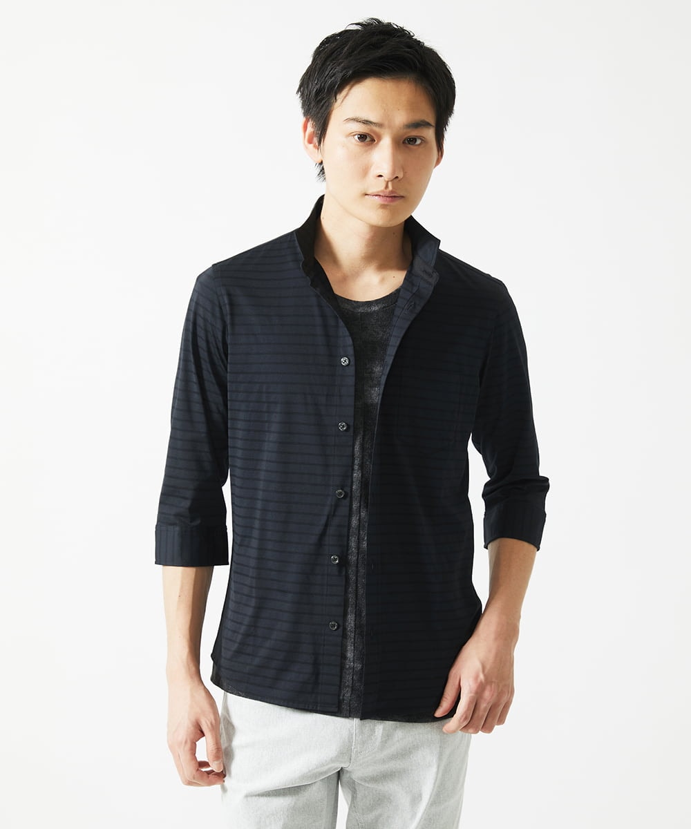 MKBHA62110 MK MICHEL KLEIN HOMME(MKミッシェルクランオム) シアーボーダー七分袖シャツ ブラック