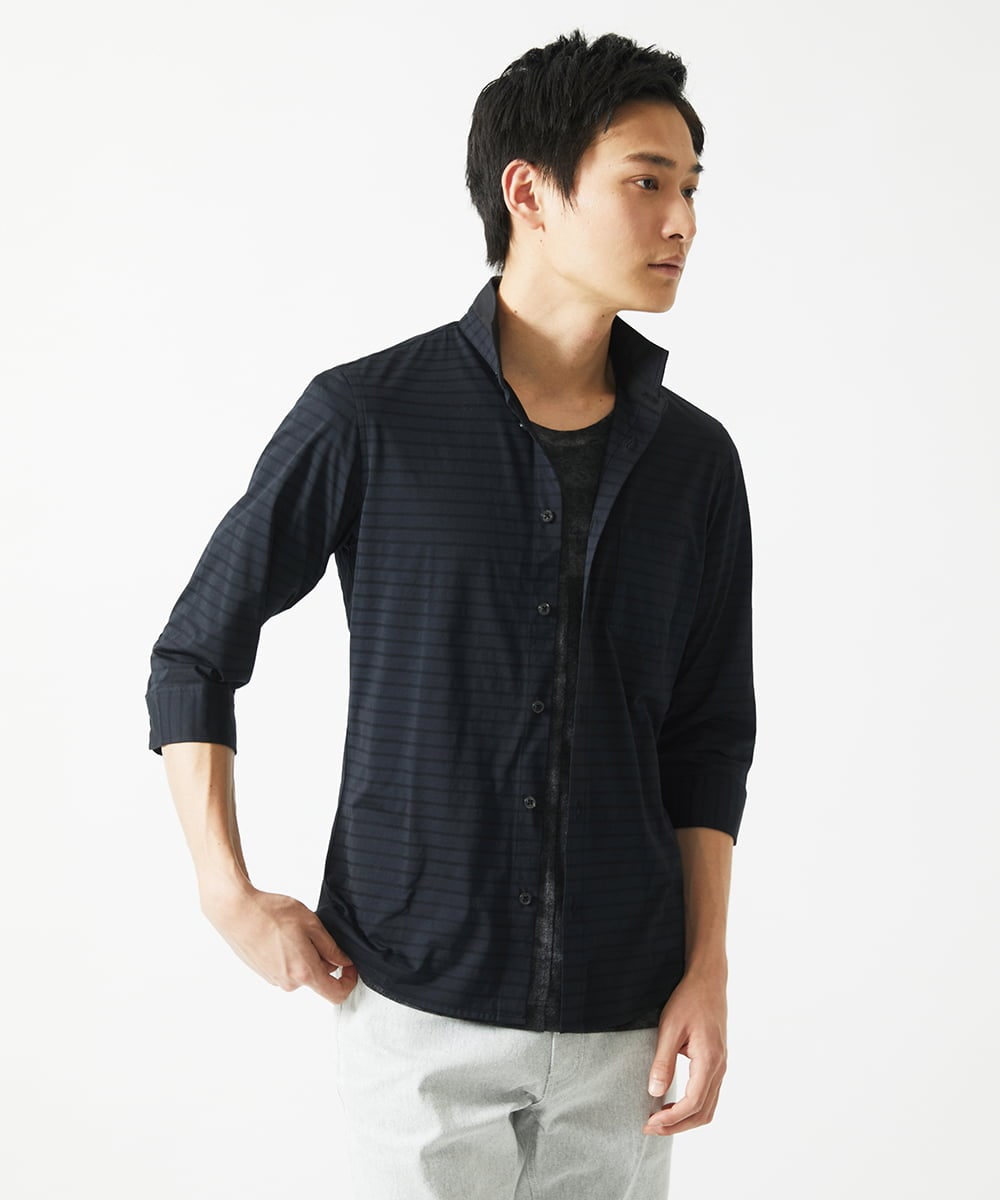 MKBHA62110 MK MICHEL KLEIN HOMME(MKミッシェルクランオム) シアーボーダー七分袖シャツ ブラック
