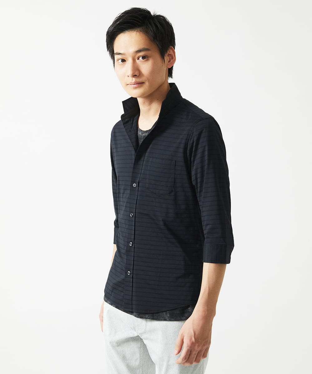 MKBHA62110 MK MICHEL KLEIN HOMME(MKミッシェルクランオム) シアーボーダー七分袖シャツ ブラック