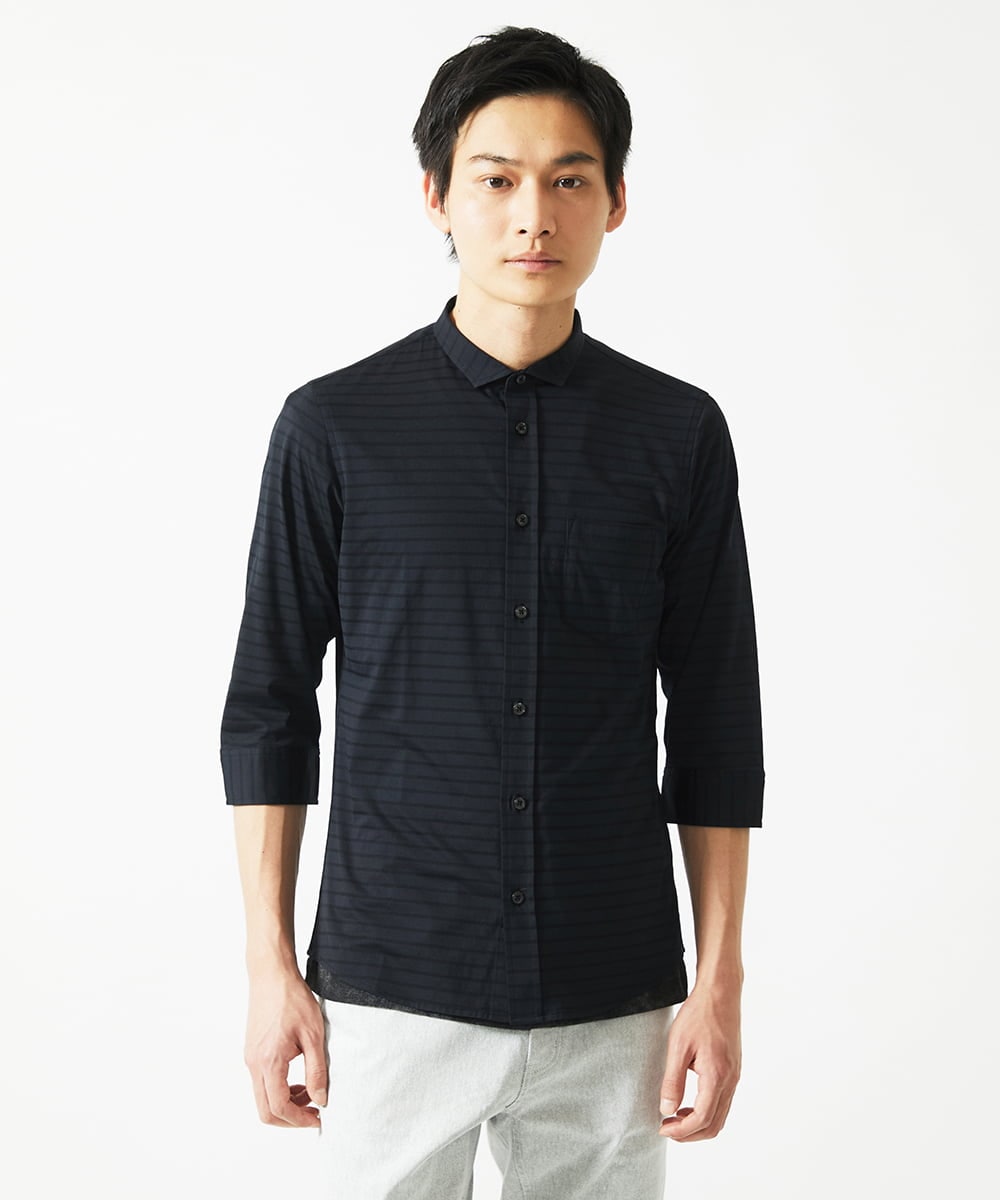 MKBHA62110 MK MICHEL KLEIN HOMME(MKミッシェルクランオム) シアーボーダー七分袖シャツ ブラック