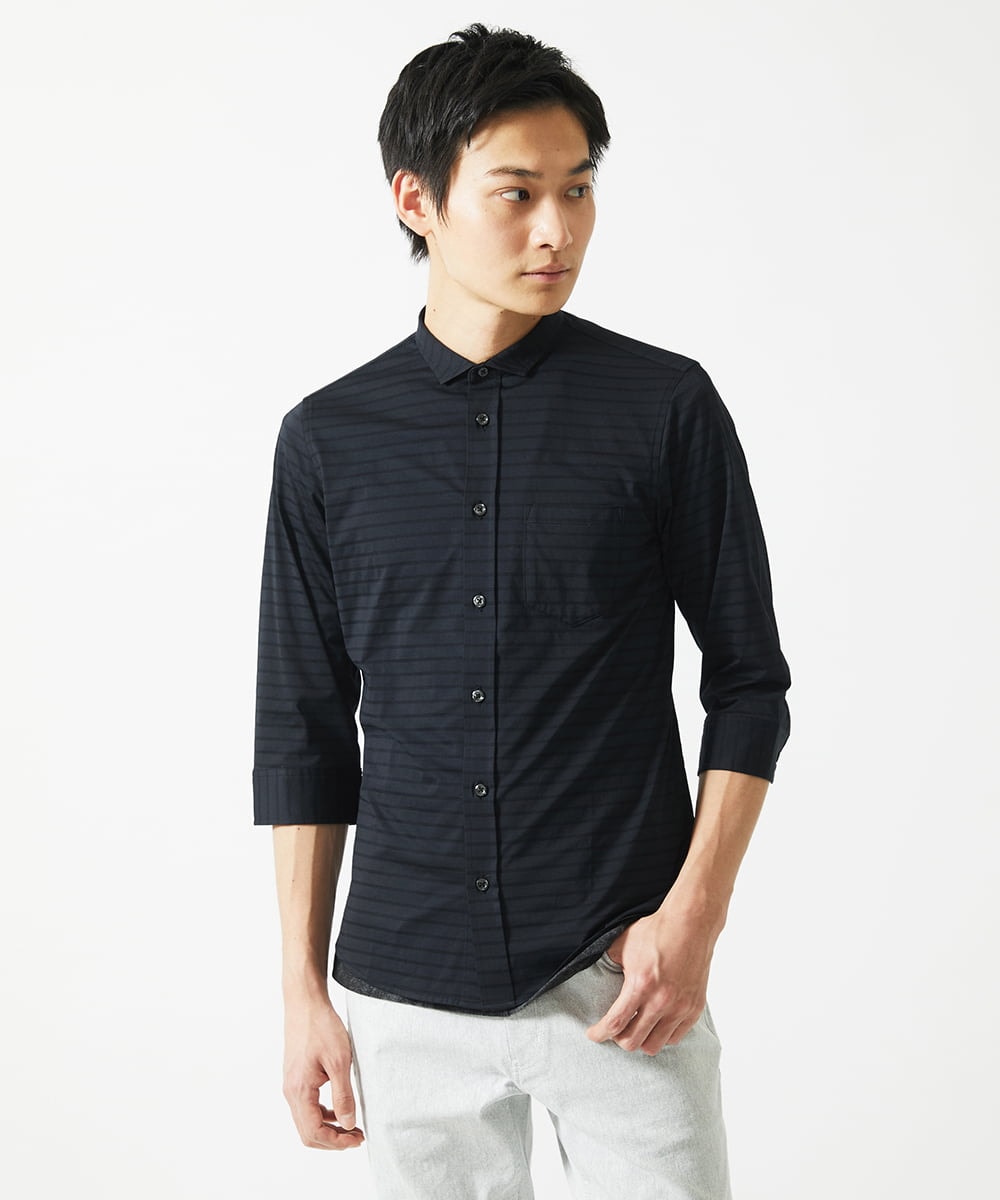 MKBHA62110 MK MICHEL KLEIN HOMME(MKミッシェルクランオム) シアーボーダー七分袖シャツ ブラック