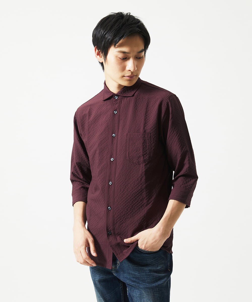 MKBHC19090 MK MICHEL KLEIN HOMME(MKミッシェルクランオム) 【洗える】清涼ブロックサッカー七分袖シャツ パープル