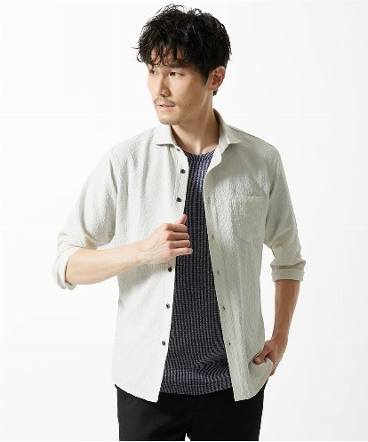 MKBHC19090 MK MICHEL KLEIN HOMME 【洗える】清涼ブロックサッカー七分袖シャツ