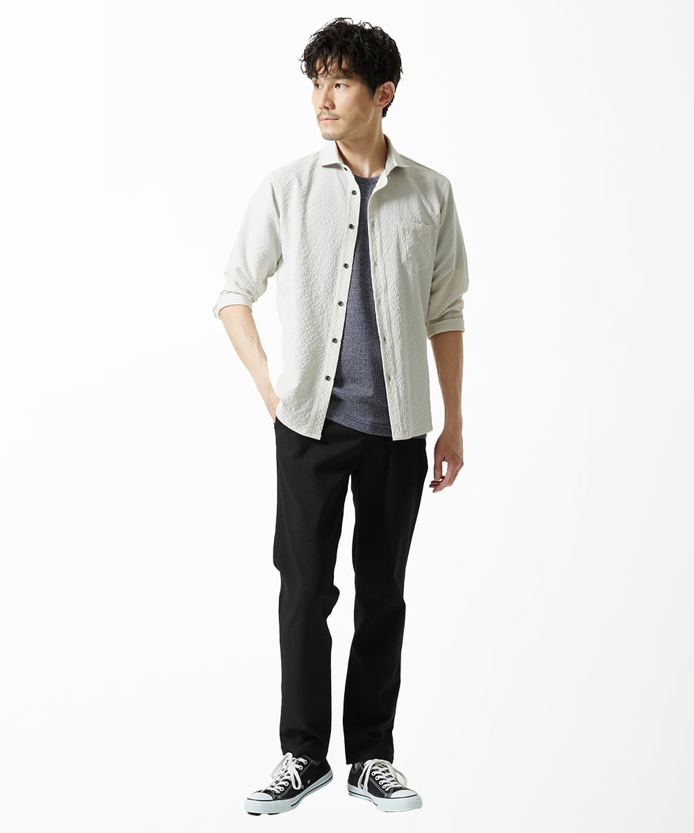 MKBHC19090 MK MICHEL KLEIN HOMME(MKミッシェルクランオム) 【洗える】清涼ブロックサッカー七分袖シャツ ライトグレー