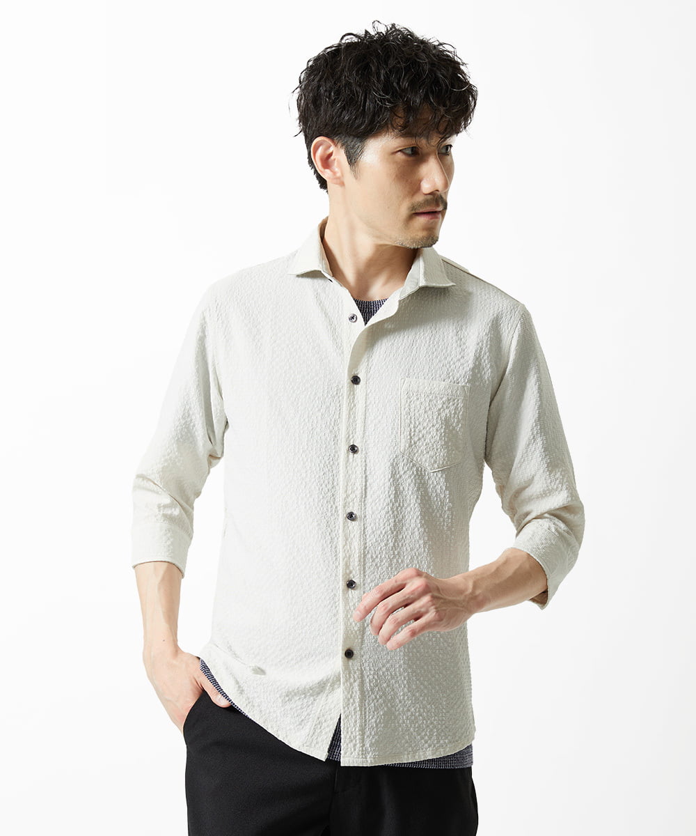 MKBHC19090 MK MICHEL KLEIN HOMME(MKミッシェルクランオム) 【洗える】清涼ブロックサッカー七分袖シャツ ライトグレー